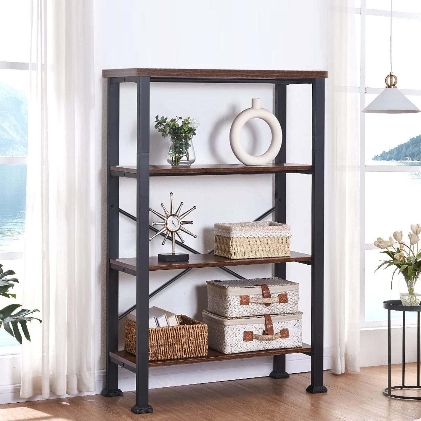 HOMBAZAAR 4 Tier Bookshelf,Rustic Brown Industrial Book Shelf,Engineered Wood and Metal Deep Bookcases,Low Shelf Bookcase for Living Room,Office,Bedroom and Kitchen