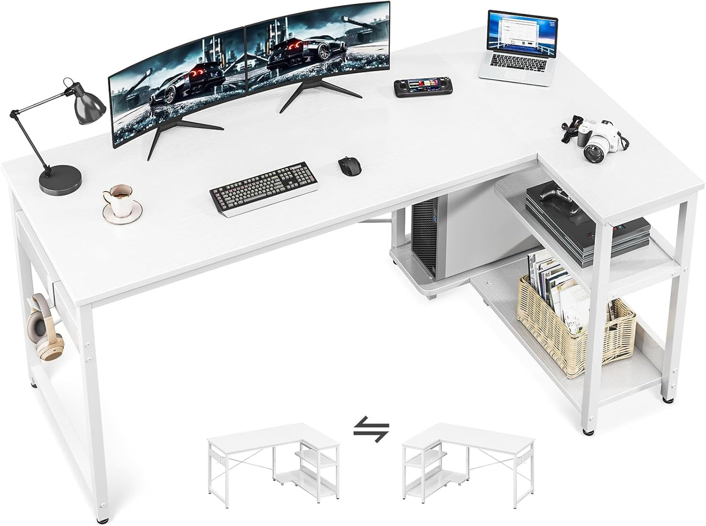 Casaottima L Shaped Computer Desk, 55 Inch Small Corner Desk with Storage Shelves & PC Stand, Reversible Gaming Desk for Bedroom, Modern Writing Study Table for Home Office, White