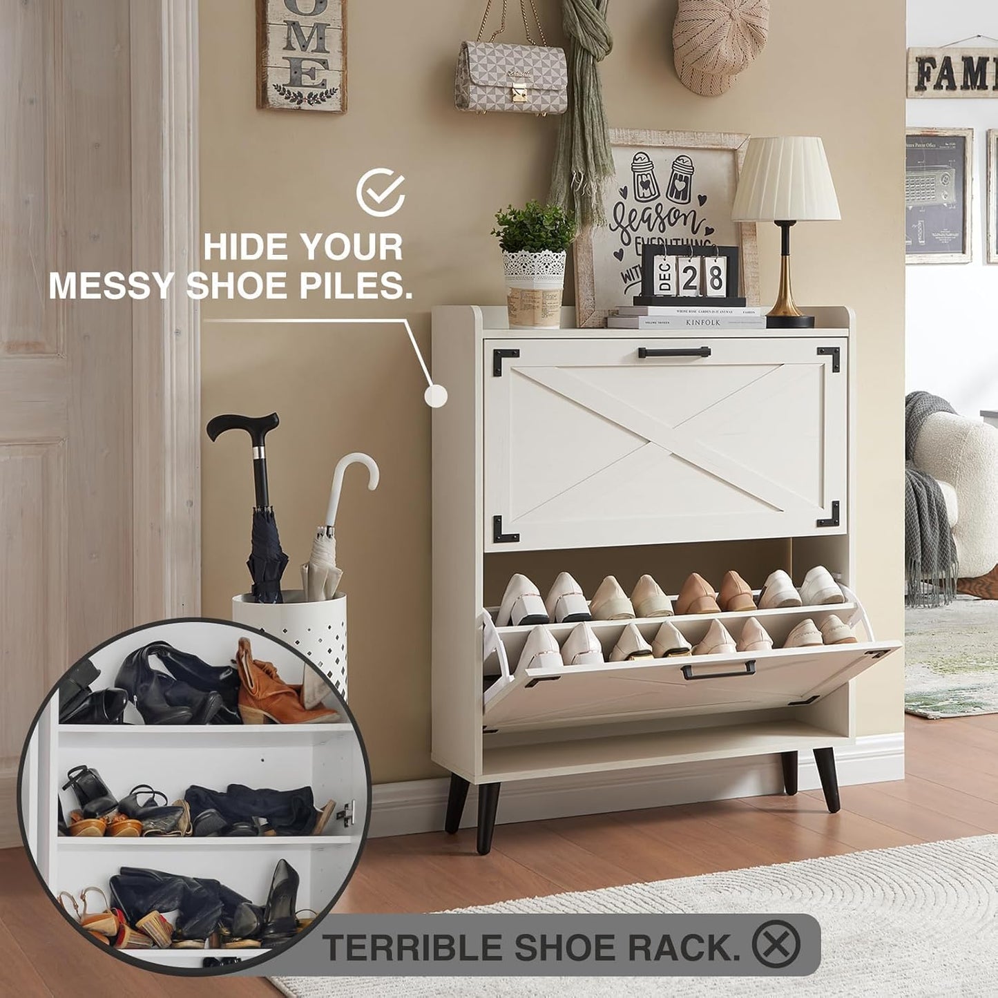 Shoe Storage Cabinet,Farmhouse Shoe Organizer with 2 Flip Drawers & Barn Door Design,Freestanding Hidden Slim Narrow Shoe Rack Cabinet for Entryway,Foyer,Hallway,Antique White