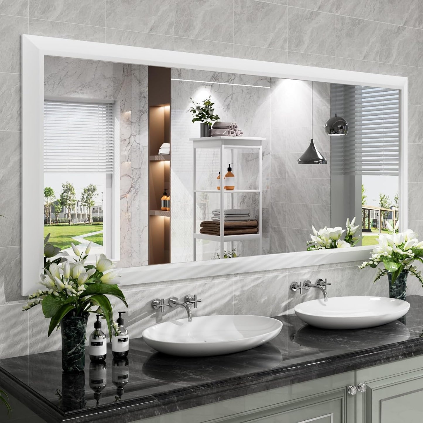 Amorho Bathroom Mirror, 72 X32 Inch White Thick Metal Framed Wall Mirrors for Over 2 Sinks, Bedroom, Living Room, Entryway, Large Rectangle Wall-Mounted Mirrors.