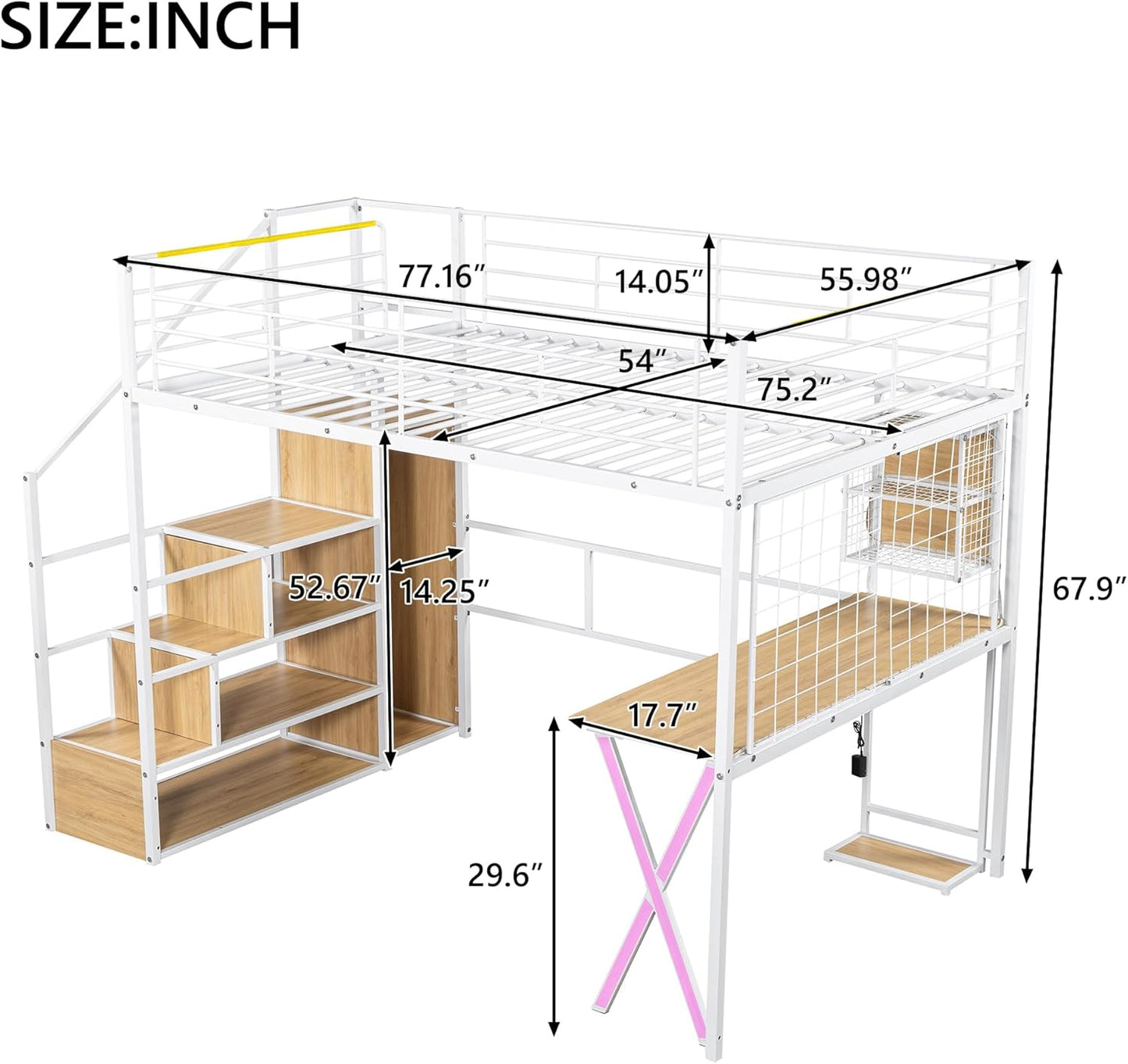 Merax Full Size Metal Loft Bed with Built-in Work Station, Wardrobe, Storage Staircase and LED, Gaming Bed for for Kids Teens Adults, Full-Length Guardrails, No Box Spring Needed, White