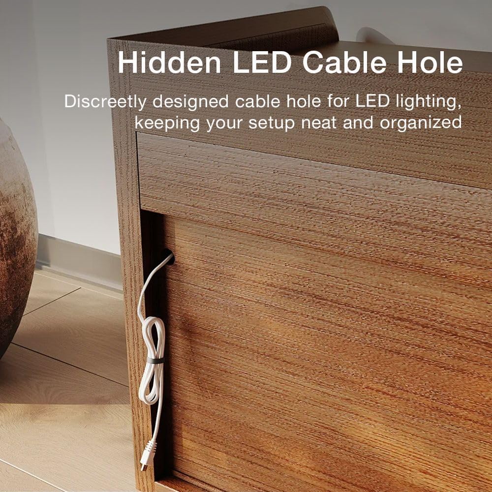 POVISON Fully-Assembled Mid Century Modern TV Stand with Legs, Wood Media Console with Adjustable LED Light for 85-inch TVs, Entertainment Center with Storage for Living Room