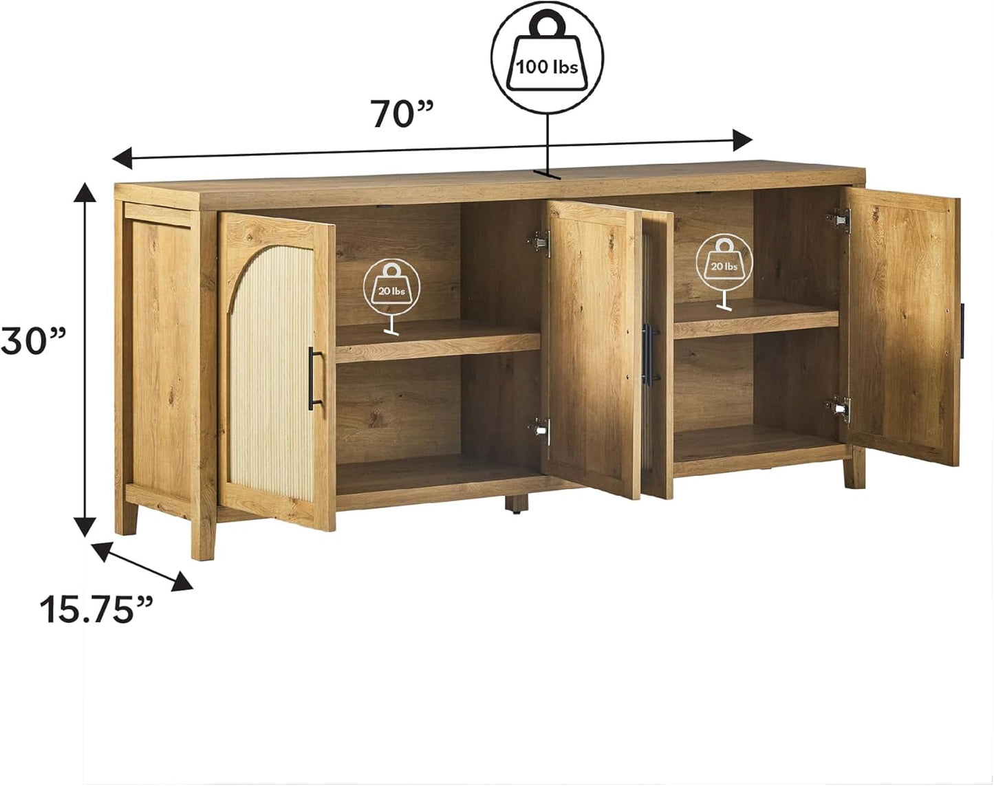 Walker Edison Sasha 4-Door Reeded Sideboard Buffet with Cord Management, 70 Inch, English Oak