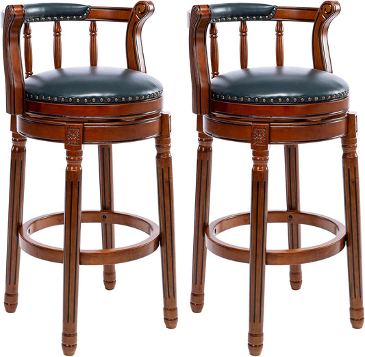 Cow top Leather Wooden Bar Stools, 360 Degree Swivel Bar Height Chair with Backs for Home Kitchen Counter, Morden Chair Barstools (Dark Blue 2pcs, Bar Height-Seat Height 29.5”)