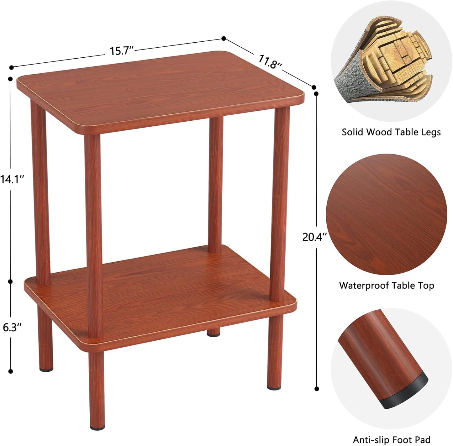 Apicizon 2 Tier End Table Set of 2, Small Side Table with Solid Wood Legs, Boho Bedside Table with Storage Shelf, Nightstand for Small Spaces, Bedroom, Living Room, Entryway, Vintage Brown