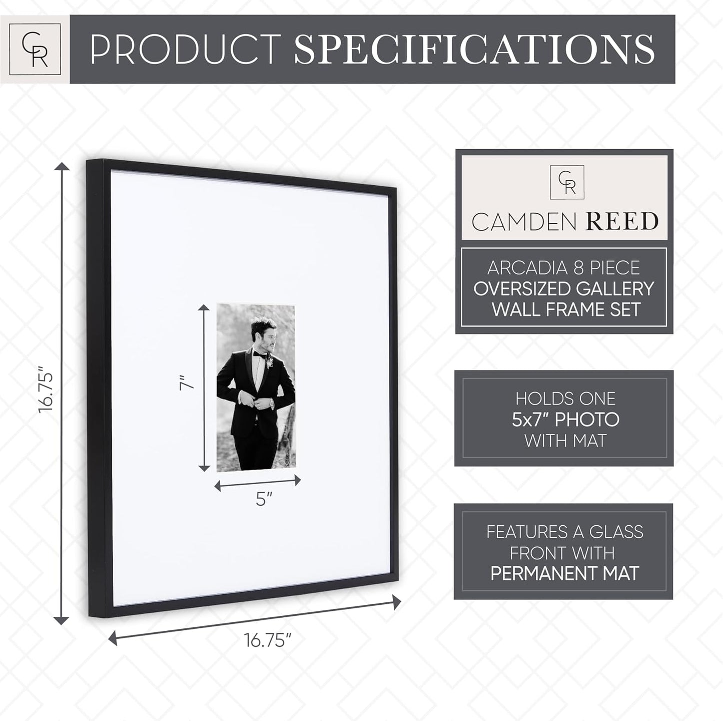 Camden Reed Arcadia 8 Piece Oversized Gallery Wall Frame, 16x20 and 16x16 Inch Matted Frames for Featuring 8x10 and 5x7 Inch Photographs or Art Prints, Black Finish