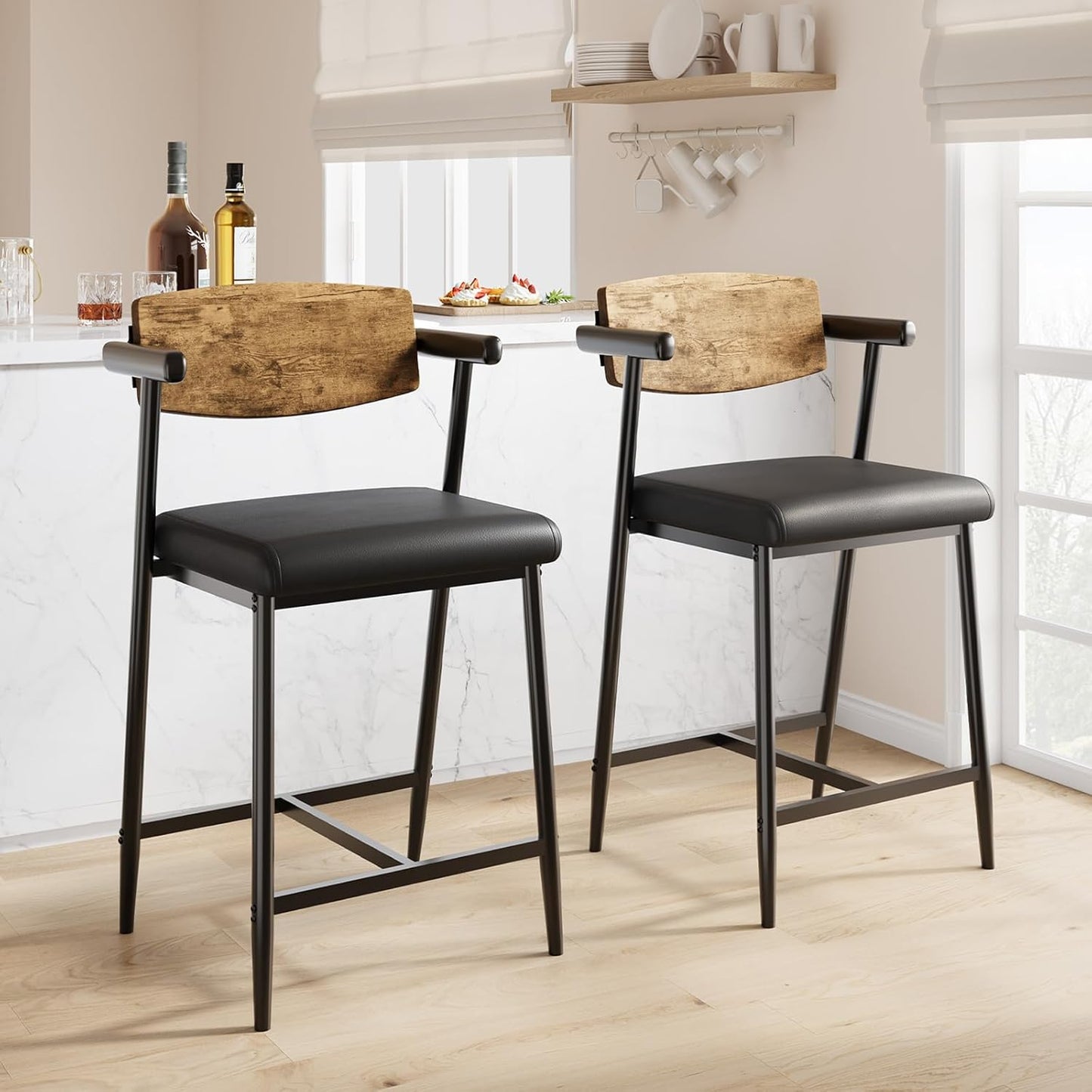 GarveeHome Counter Height Bar Stools Set of 2 with Arms, 26" Upholstered Modern Bar Stools Set with Wood Back & Footrest for Kitchen Island, Counter Bar, Wider Seat, Easy Assembly, Retro Brown