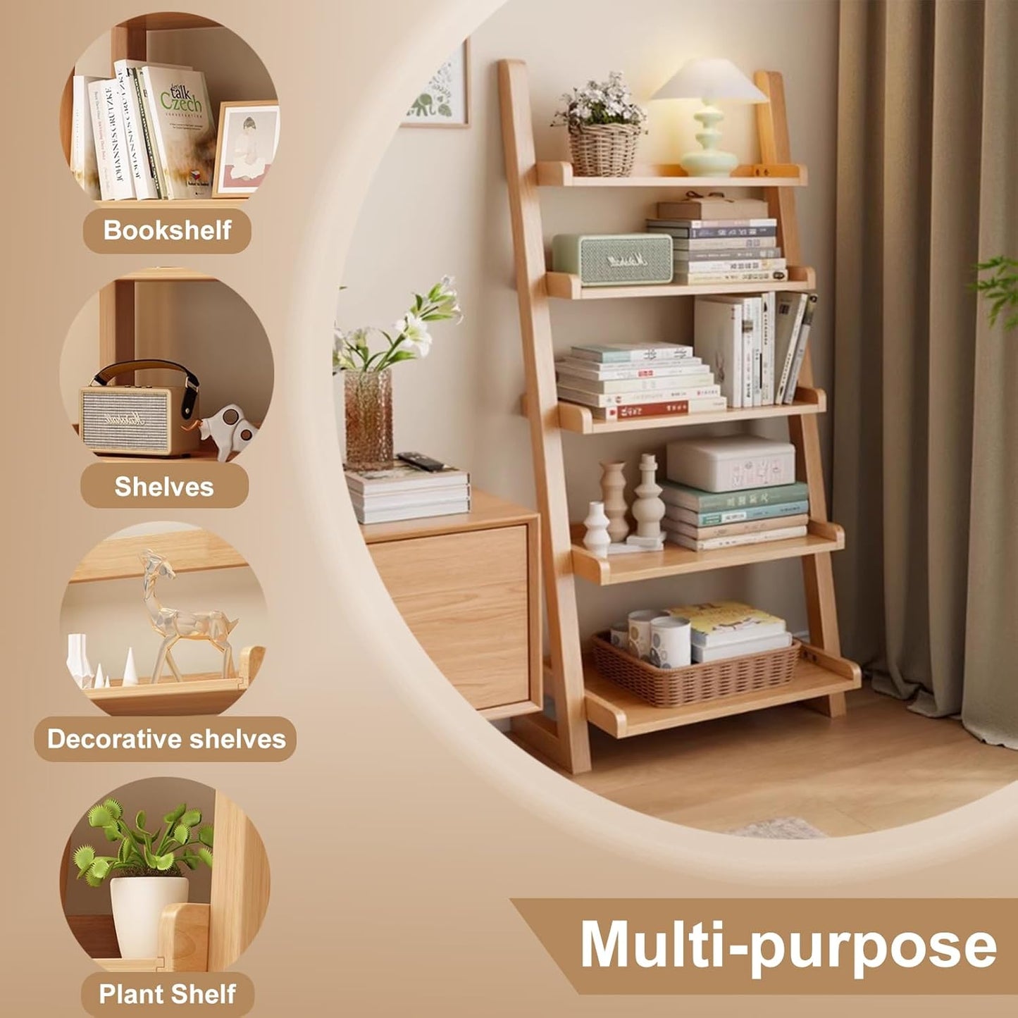 5-Tier Ladder Bookshelf, H 55" Leaning Bookshelf Storage Rack Organizer, Wooden Ladder Shelf Bookcase for Living Room, Home Office and Bedroom, Wood Color