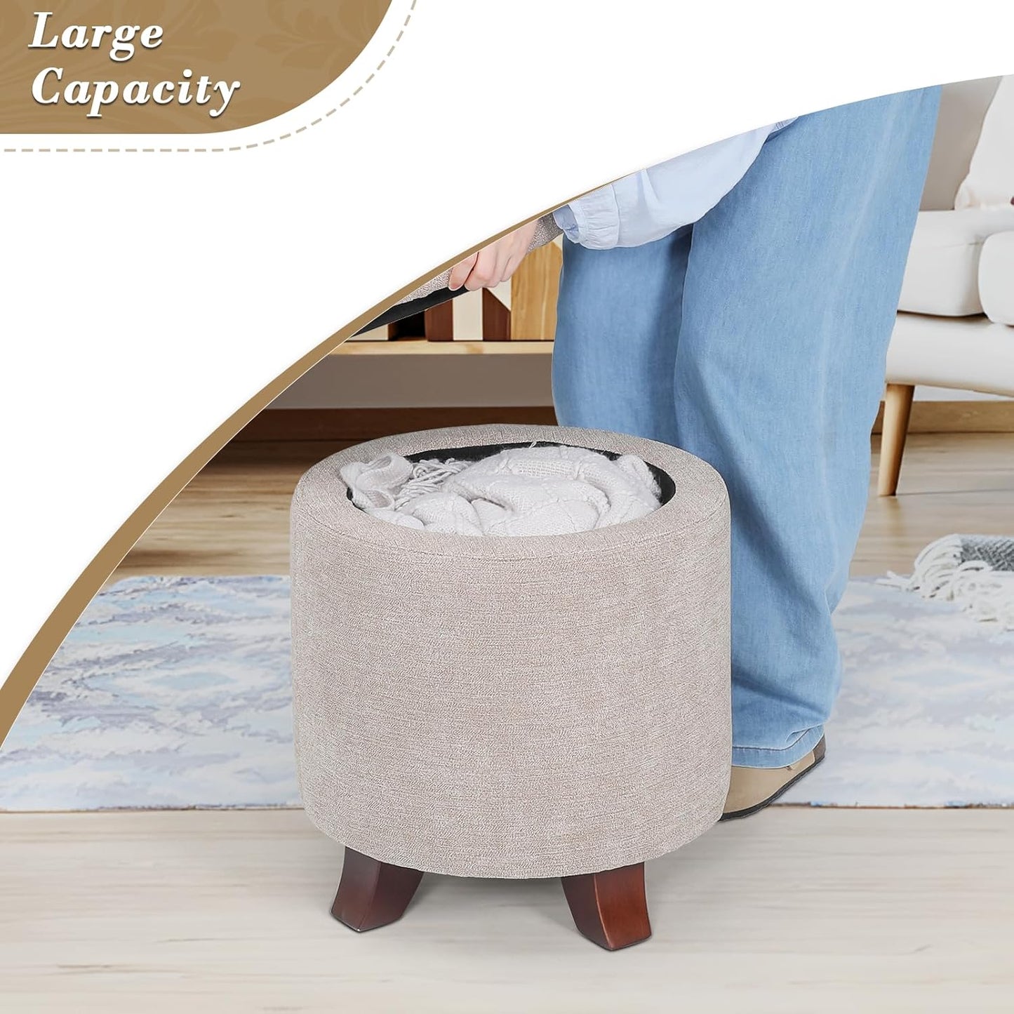 Athena Collection 15 Inch Small Ottoman with Storage, Round Linen Fabric Storage Ottoman Foot Rest with Removable Lid, Multipurpose Footstool Footrest for Living Room, Bedroom, Dorm, Khaki