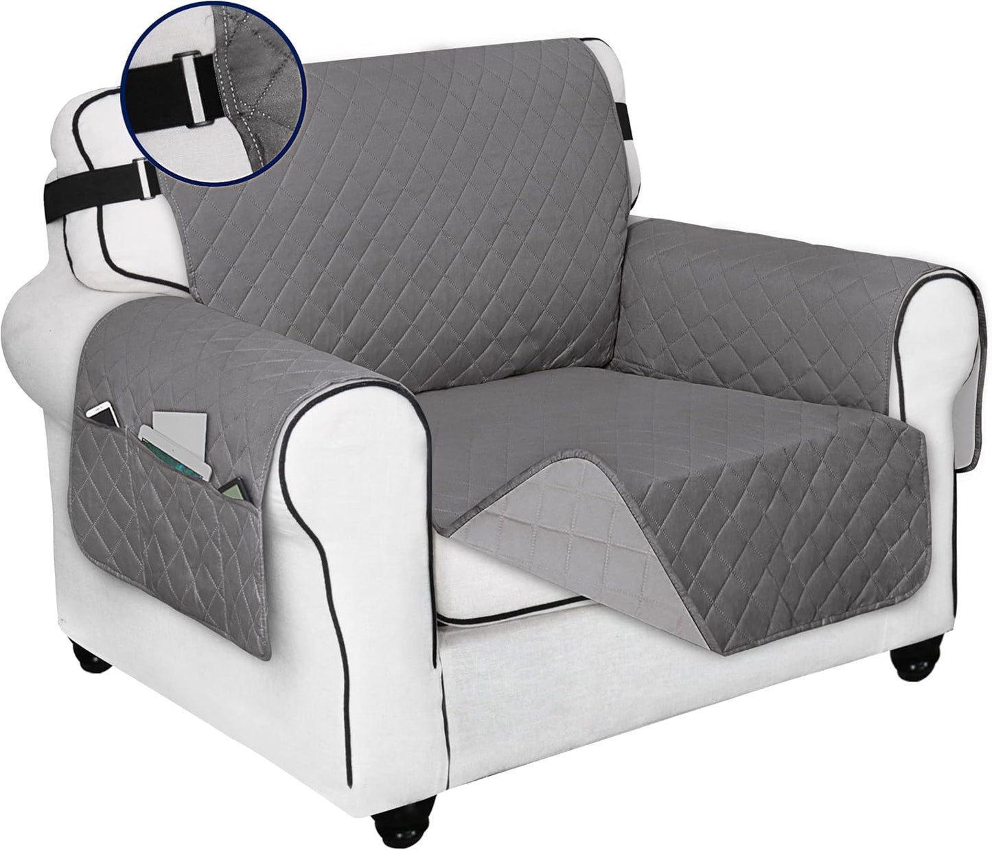 PureFit Reversible Sofa Cover Water Resistant Chair Couch Cover, Machine Washable Furniture Cover with Non-Slip Foam and Adjustable Strap for Dogs, Pets (Chair, Gray/Light Gray)