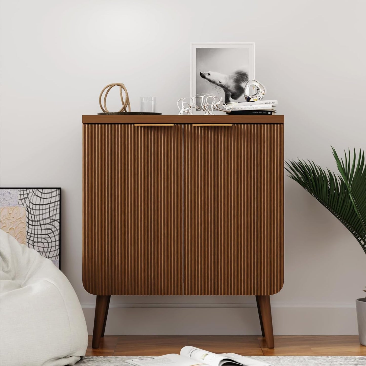 Fluted Buffet Cabinet – Modern Wood Sideboard with 2-Doors & Shelves, Multifunctional Storage Cabinet & Credenzas for Entryway, Dining & Living Room, Walnut