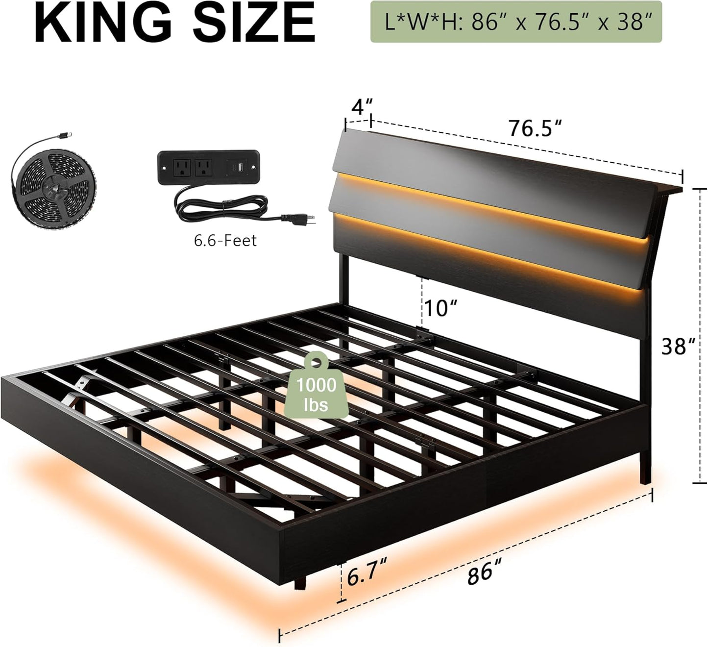 Feonase Floating Bed Frame King with Led Lights and Charging Station, Wood Full Size Bed Frame with Storage Headboard, Heavy Duty Metal Slats, No Box Spring Needed, Easy Assembly,Black