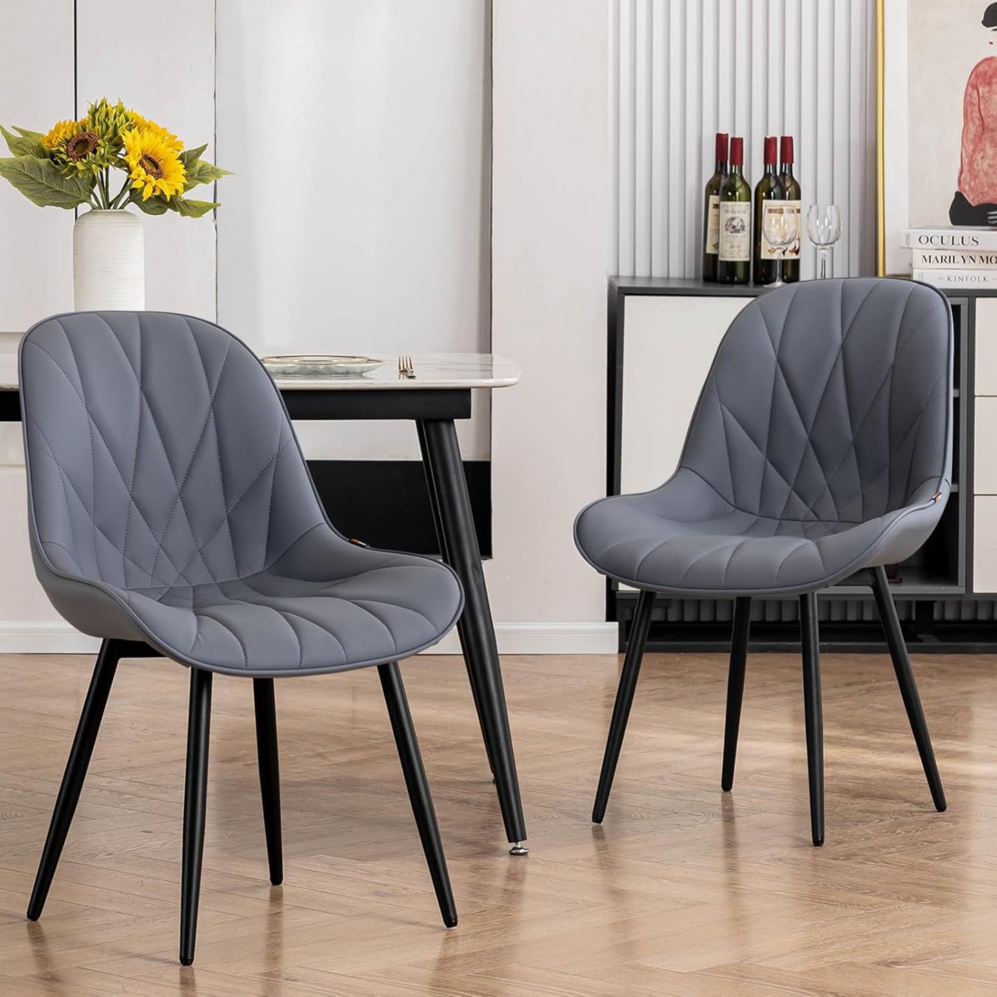 Rowill Dining Chairs Set of 2 Modern Kitchen Chairs with Soft Backrest, Sturdy Metal Legs & Non-Slip Pads, Suitable for Home Kitchen, Faux Leather Upholstered Seats for Dining Room, Gray Purple