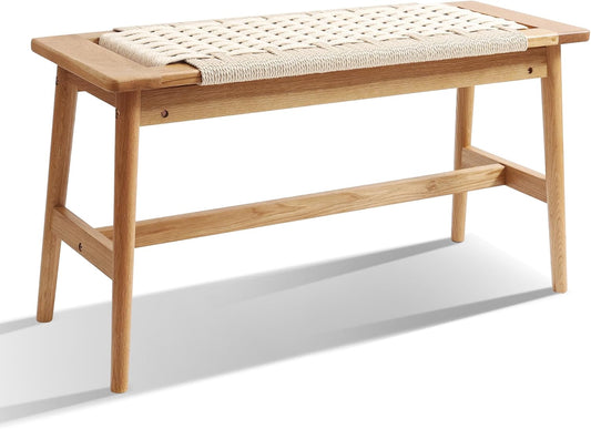 33.5" L Wood Dining Bench Indoor, 100% Natural Solid Oak Bed Bench Hand Woven Enterway Bench Small Bench for Dining Room, Bedroom, Kitchen (Creamy White)