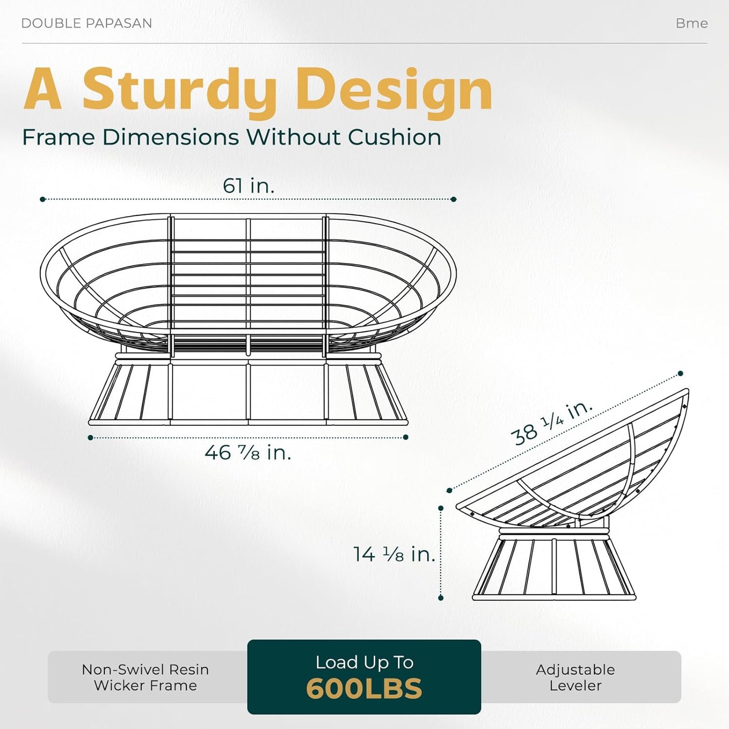 Bme Double Papasan Chair, 600lbs Capacity, Ergonomic Design, Soft Thick Fabric Cushion, Bee-Designed, Durable Steel Frame, 61", Onyx Stone-Black Base