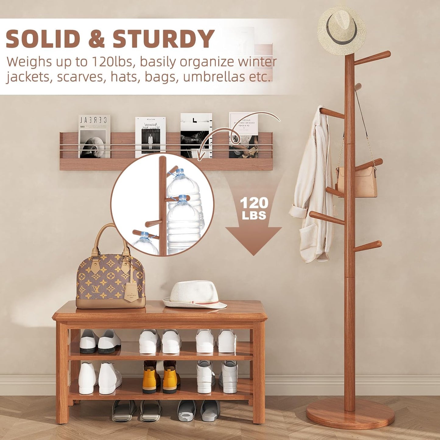 Uniclinens Coat Rack Freestanding Solid Wood Coat Tree Standing with 8 Hooks, Coat Rack Stand Creative Tree Branch-Look (Teak)