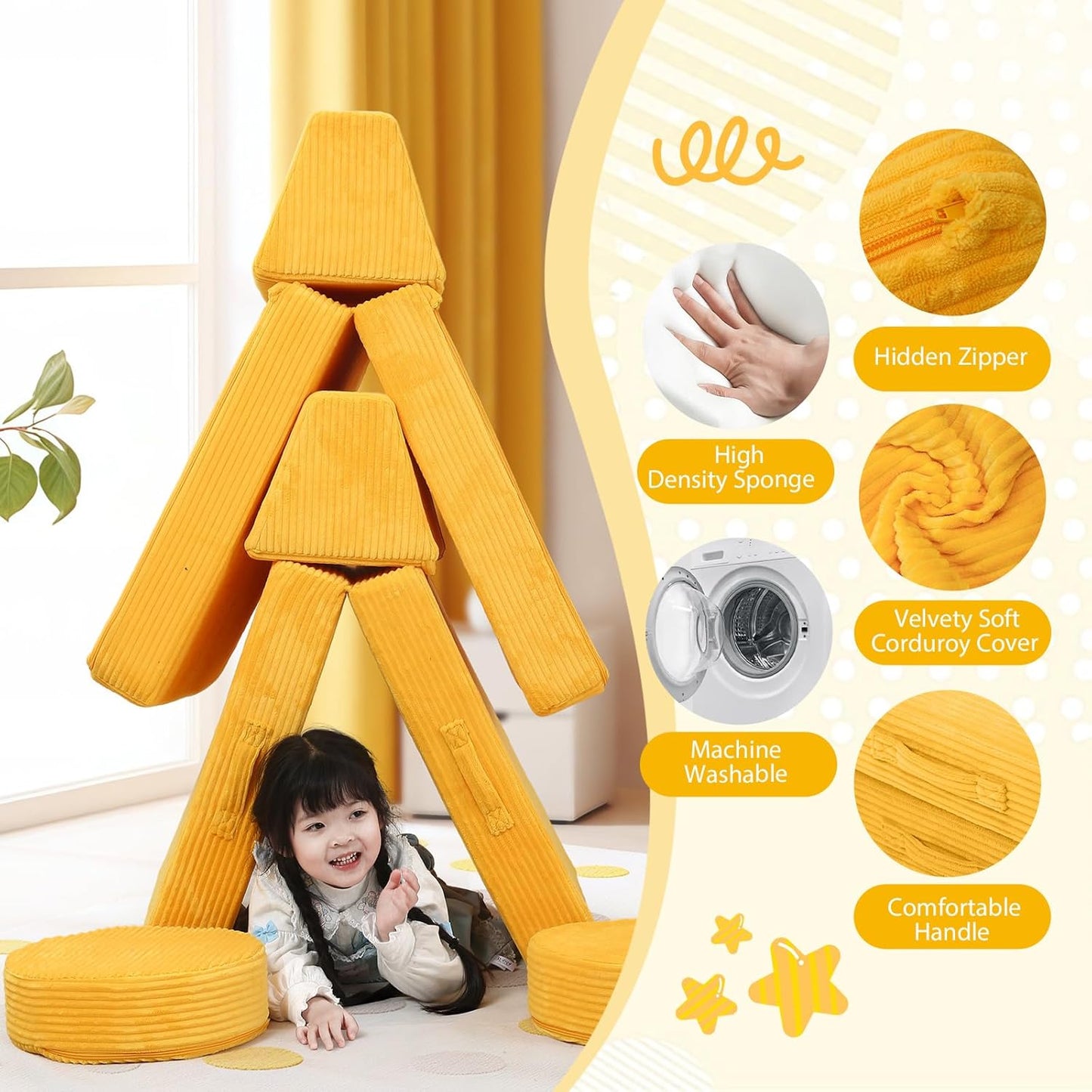 MeMoreCool Kids Couch for Playroom, Corduroy Convertible Toddler Couch, 8 Piece Modular Play Sofa, Foam Fort Building Set for Child Room Furniture, Yellow