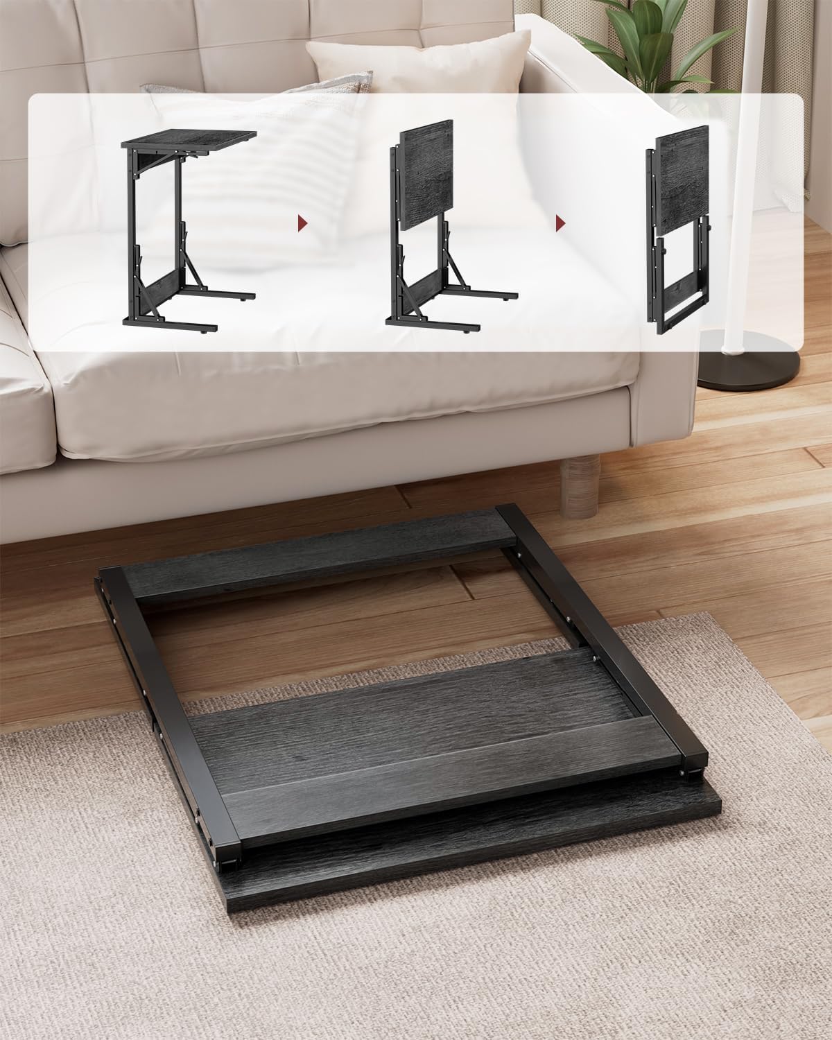 Tatub 24" Wide Folding C-Shaped End Table, Small Side Desk for Couch, Sofa TV Tray Table with Metal Frame for Living Room, Bedroom, Light Gray