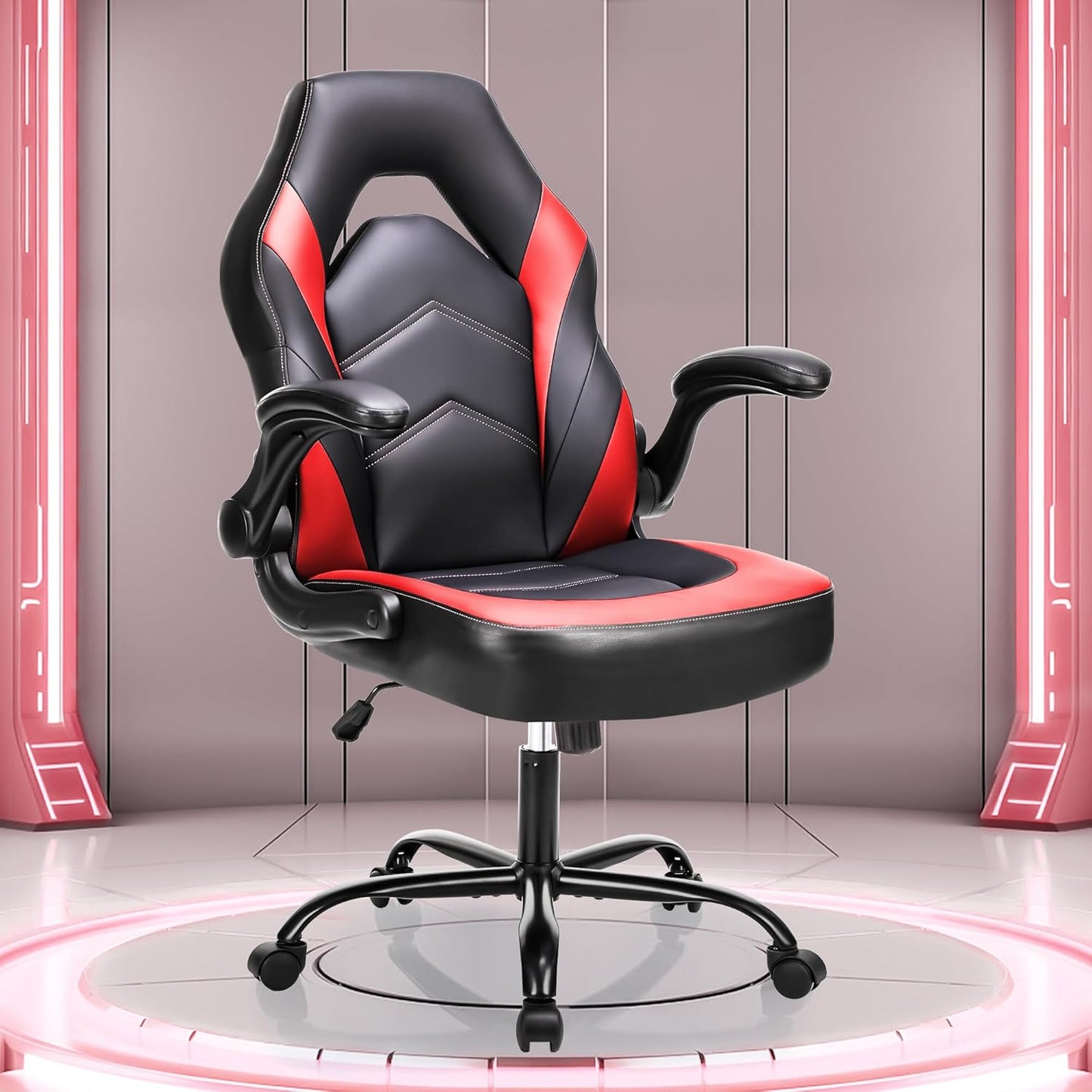 OLIXIS Computer Gaming Desk Chair - Big and Tall Ergonomic Comfy Lumbar Support with Flip-up Armrest and 360° Swivel Wheels, PU Leather Height Adjustable, for Home and Office, Red