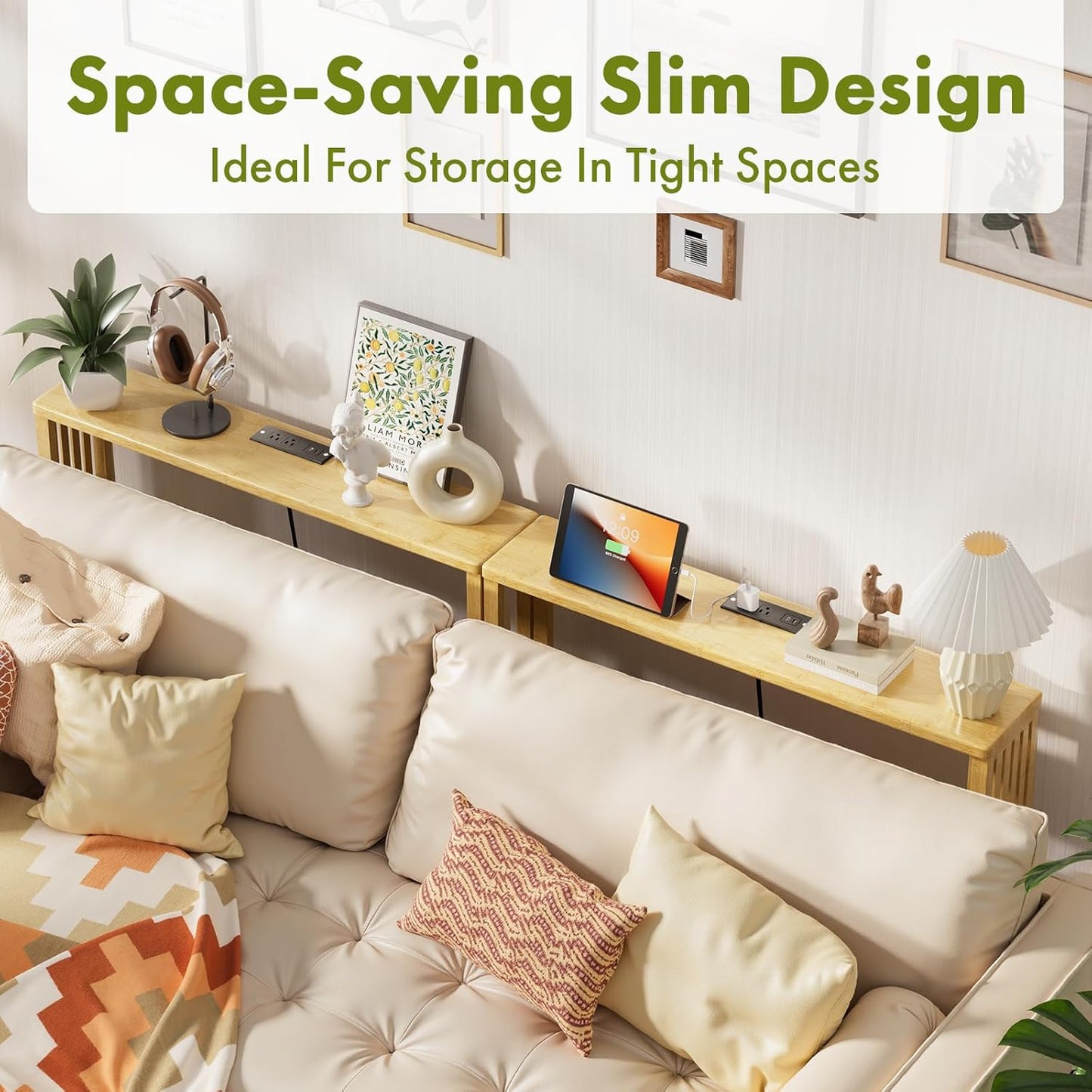 2 Pack Narrow Console Table Bamboo, 78.8" Long Entryway Tables with 2 Power Outlets and USB-C Ports, Couch Table Behind Sofa for Display, Hallway, Living Room, Bedroom, Foyer, Natural