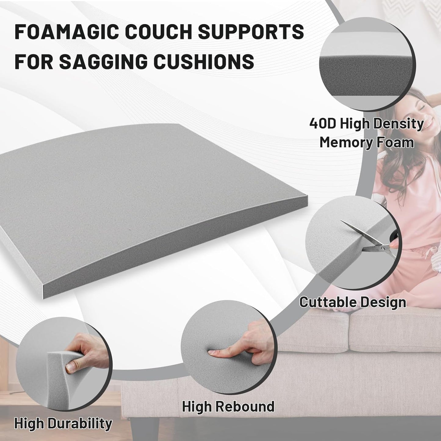 Couch Cushion Support for Sagging Seat – 1 Pack 20x20x2 Inch Sofa Cushion Board Saver & Replacement Insert for Saggy Couch or Chair, Quick No-Tool Install with 40D Memory Foam