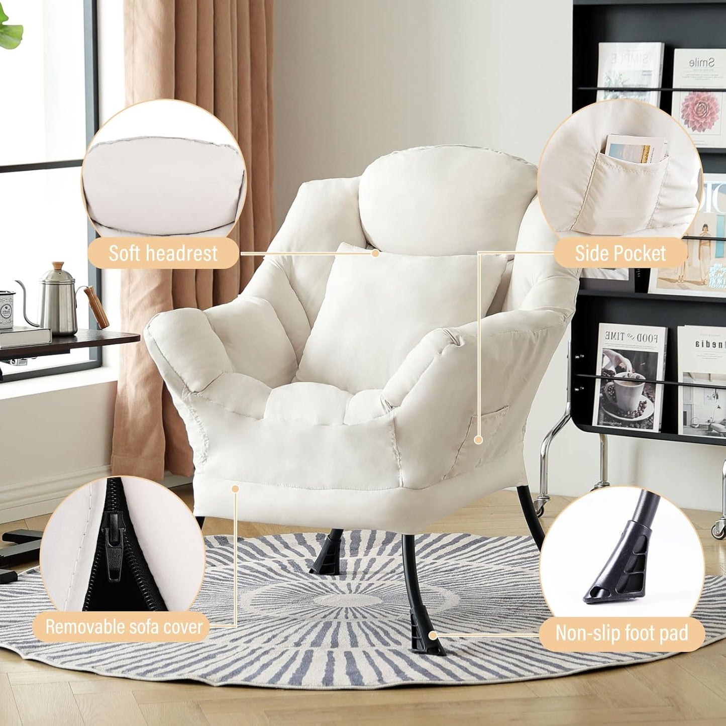 Lazy Chair with Pillow for Living Room, Modern Lounge Accent Chair with Armrests, Leisure Sofa Chair Set, Reading Chair for, Bedroom, Dorm Room, Office, Beige