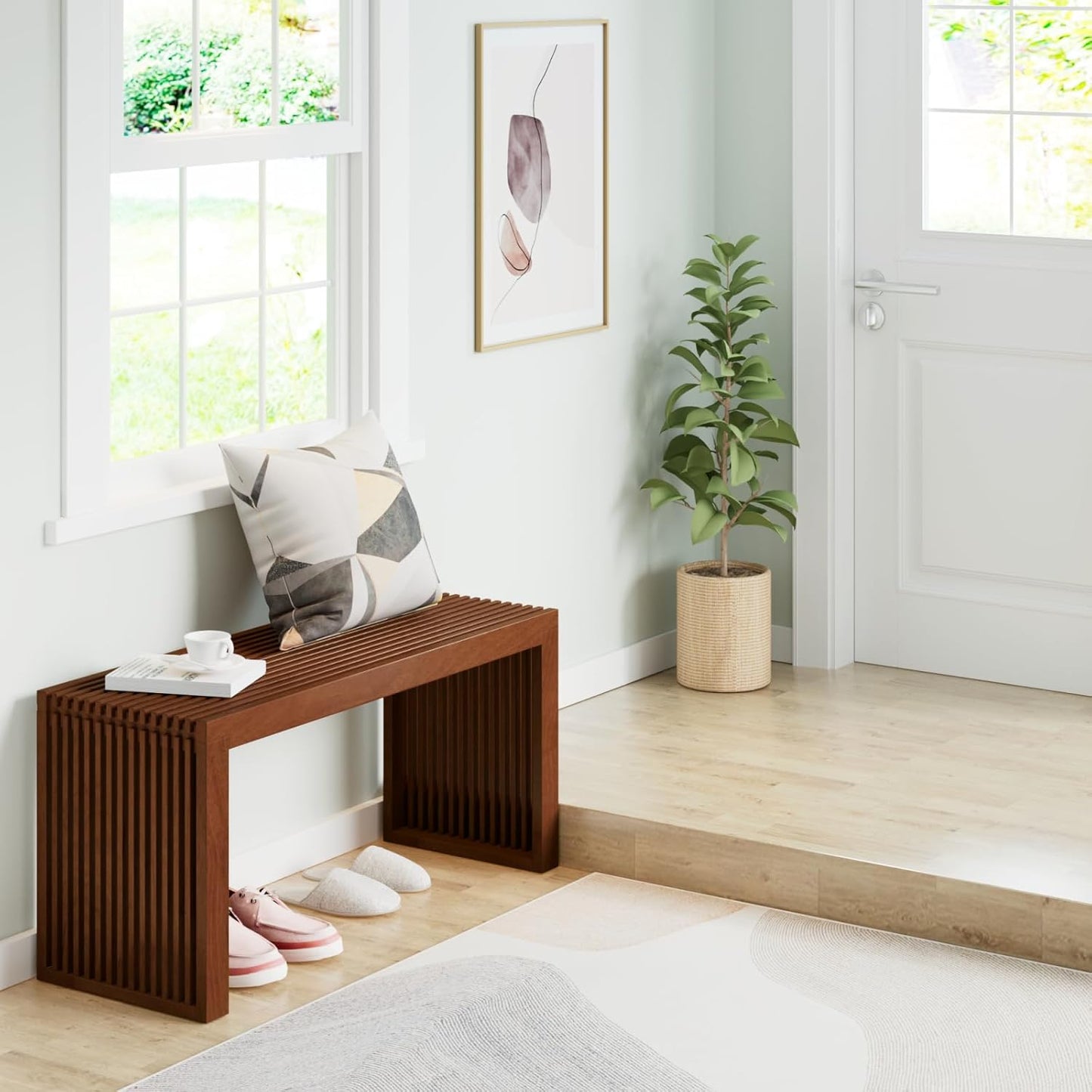 Bamboo Dining Bench Indoor Long Entryway Shoe Rack Bench,Outdoor Modern Wood Benches 35 Inch Bamboo Bench for Living Room Hallway Bedroom Bathroom