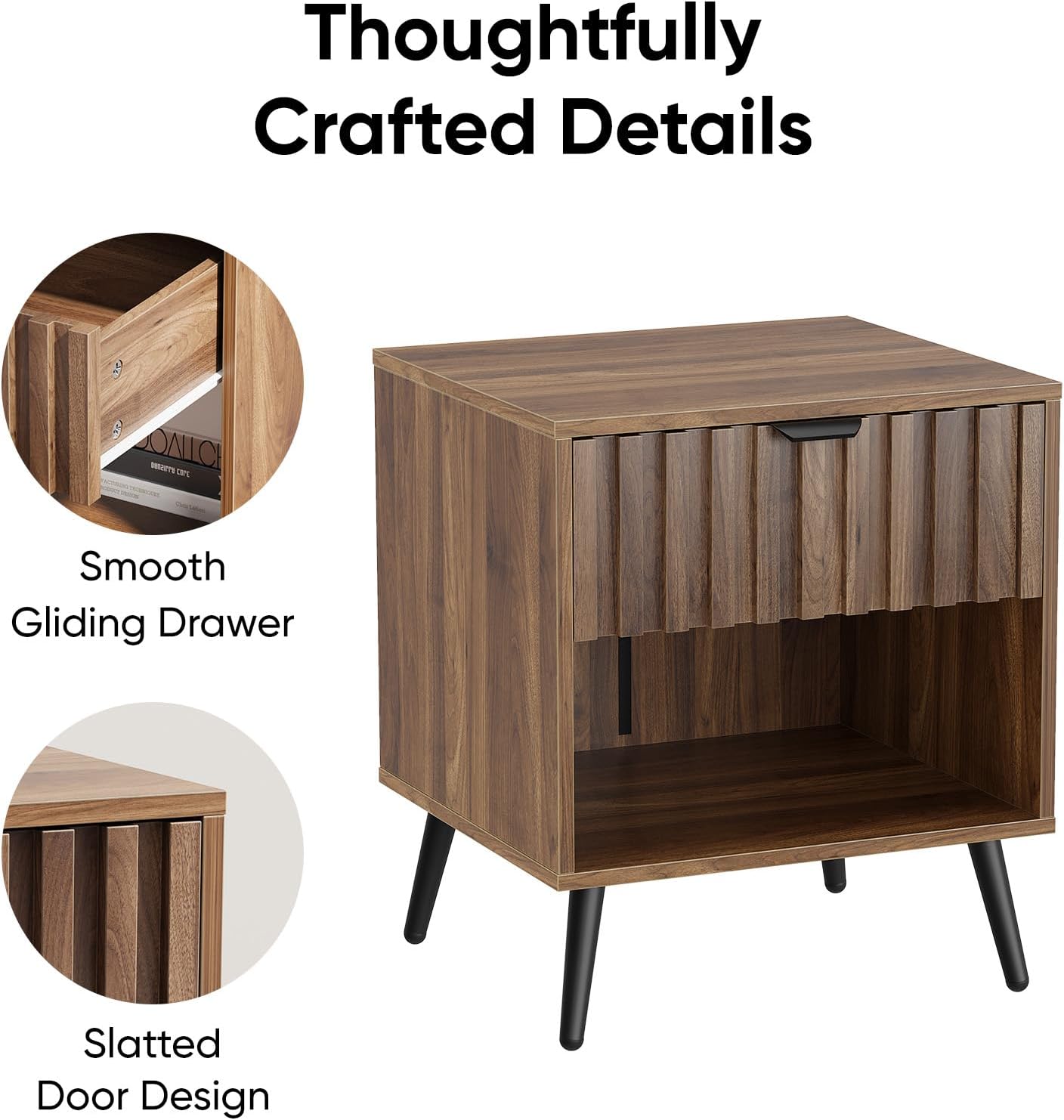 Nightstands, Walnut Fluted Night Stand, Mid Century Modern Nightstand, Bedside Table with Seamless Slatted Drawer, End Tables Bedroom with Metal Legs, Night Stand for Bedroom
