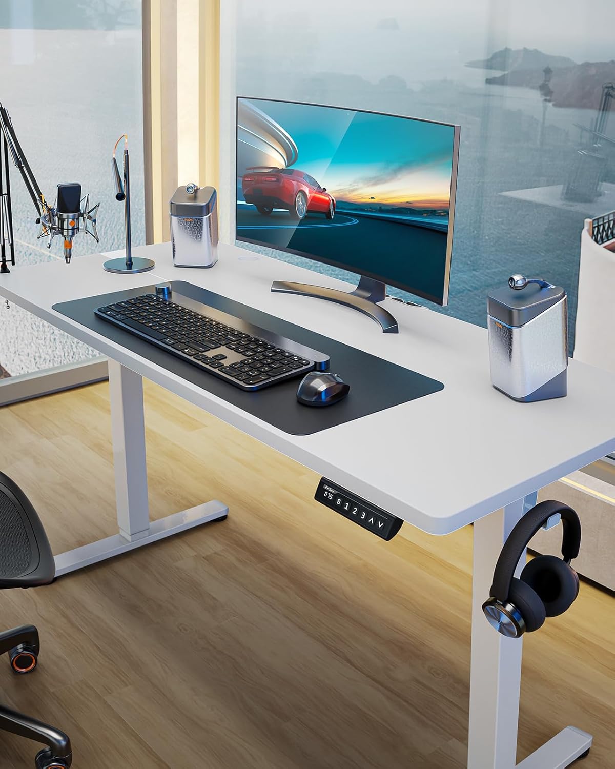 ErGear Height Adjustable Electric Standing Desk, 55 x 28 Inches Sit Stand up Desk, Large Memory Computer Home Office Desk with Two-Piece Desktop (White)