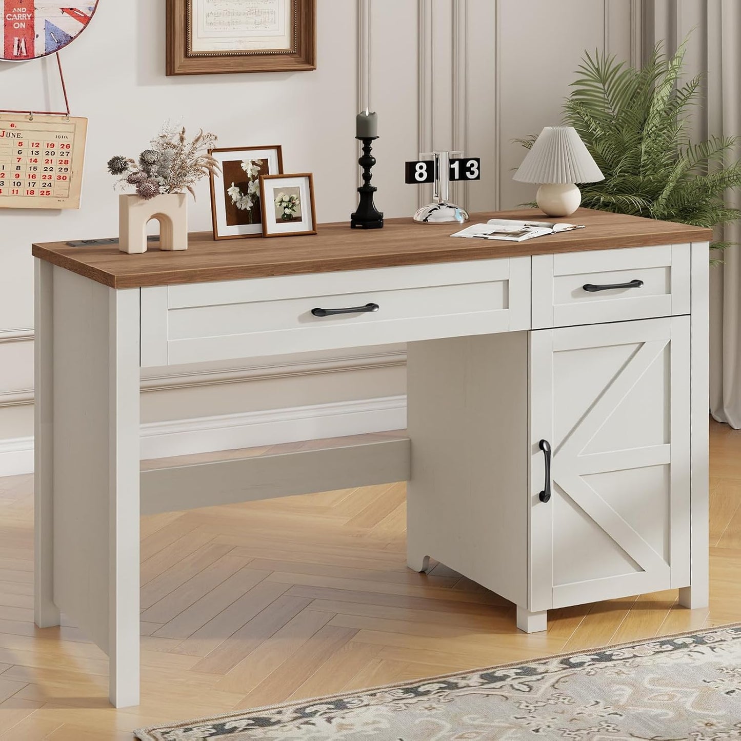 Farmhouse 47" Executive Desk, Computer Desk with Drawers and Storage Cabinet, Workstation Computer Desk for Home Office and Study.(Unique White)