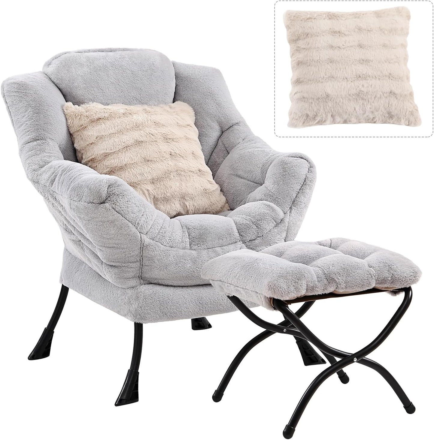 Lazy Chair with Ottoman, Modern Large Accent Lounge Chair with a Pillow, Leisure Sofa Armchair, Reading Chair with Footrest for Bedroom, Living Room,Plush Light Grey
