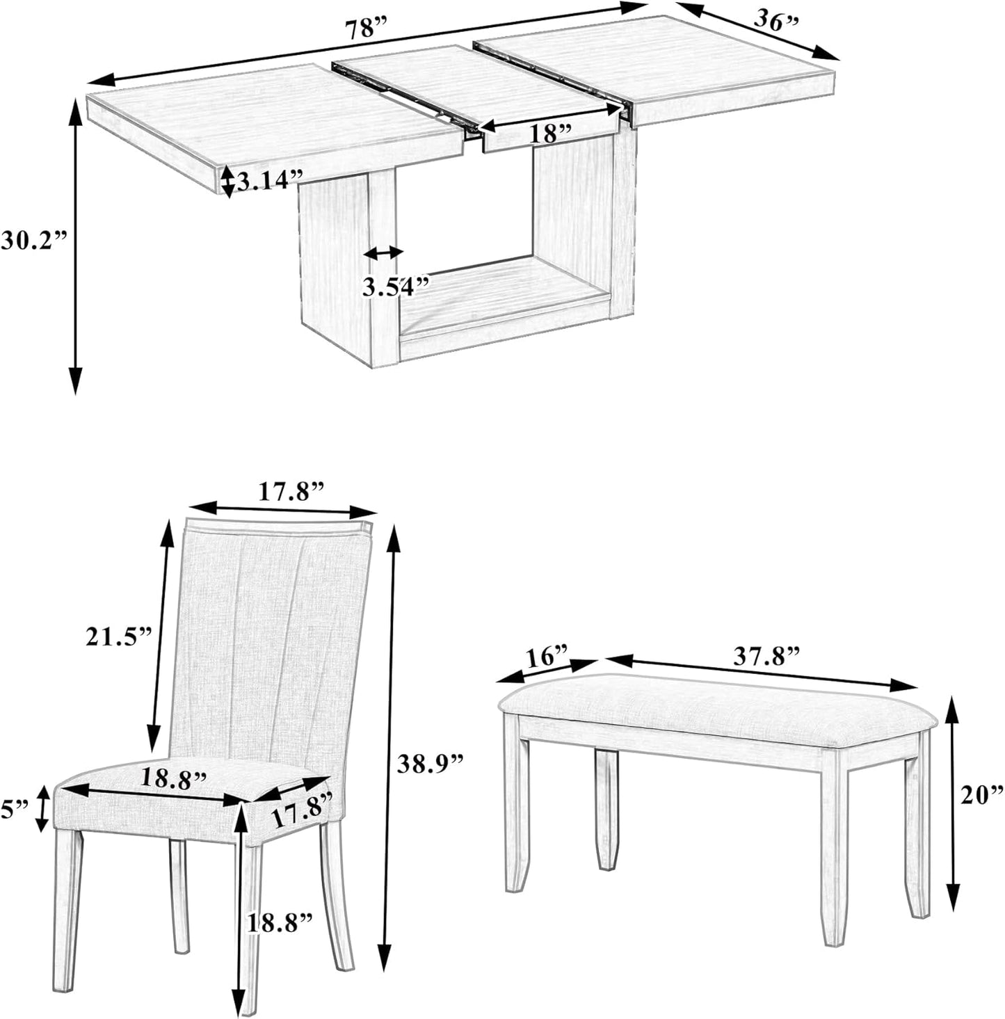 Ball & Cast 6 Piece Dining Table Set with 4 Upholstered Chairs & 1 Bench,Wooden Living Room Furniture for 6 W/ 78" Rectangle Kitchen Desk,for Restaurant,Home Bistro,Natural+Beige