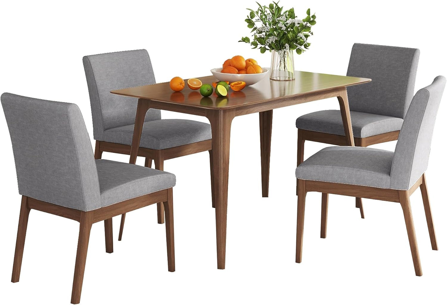 Dining Table Set for 4, Solid Rubberwood Upholstered Chairs, Mid-Century Modern Kitchen Furniture for Home, Dining/Living Room, Walnut+Gray