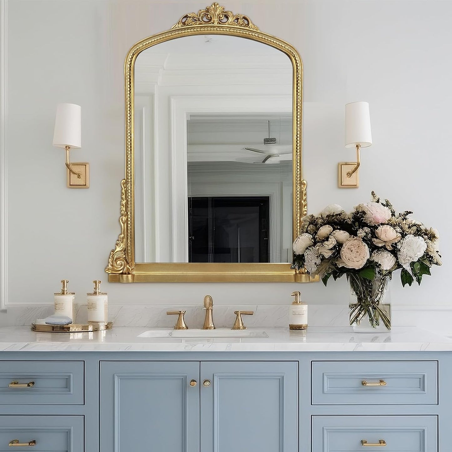 Traditional Ornate Arch Wall Mirror Vintage Fireplace Mirror Mantel Decor, Antique Gold, 36 inches x28 inches, Baroque Inspired Wall Mirror, 28 inches W x 36 inches L, 21004-GD