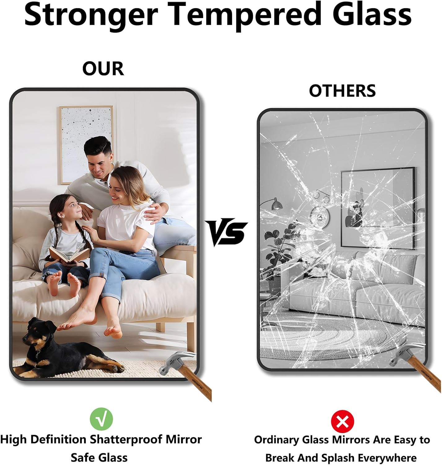 Koonmi Bathroom Mirror, 36X55 Inch Black Metal Framed Mirror for Bathroom, Tempered Glass, Anti-Rust, Rounded Rectangle Mirror for Restroom, Bedroom, Black