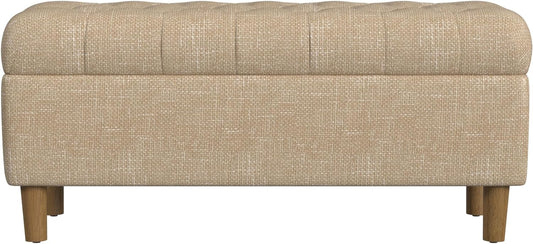 HomePop Home Decor | Tufted Ainsley Button Storage Ottoman Bench with Hinged Lid | Ottoman Bench with Storage for Living Room & Bedroom, Light Tan Textured Solid