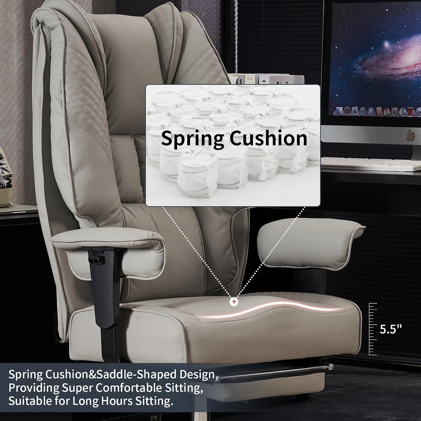 Big and Tall Office Chair 400lbs Wide Seat, Leather High Back Executive Office Chair with Foot Rest, Ergonomic Chairs Lumbar Support for Lower Back Pain Relief (Light Grey)