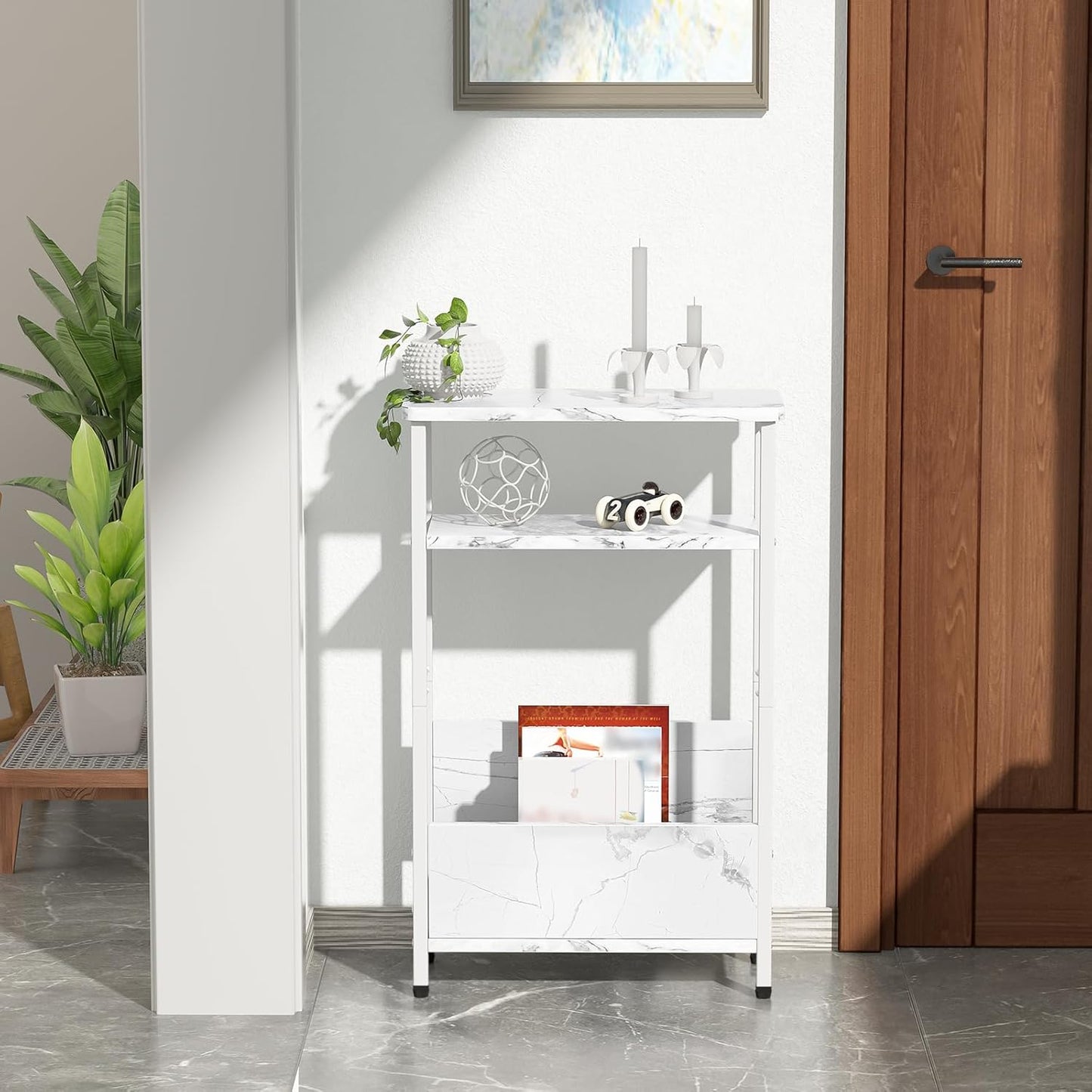 7.1" Narrow Side Table for Small Spaces, 3 Tier Small End Table with Magazine Holder, Slim/Skinny Nightstand/Bedside Table, 15.4" L x 24.2" H, Faux White Marble with White Legs