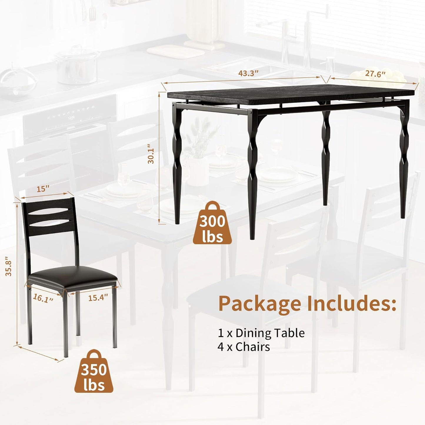 GarveeHome 5 Piece Dining Table Set, Industrial Style Dining Table and Chairs Set for 4, Kitchen Table Set for Dining Room Kitchen Apartment, Black