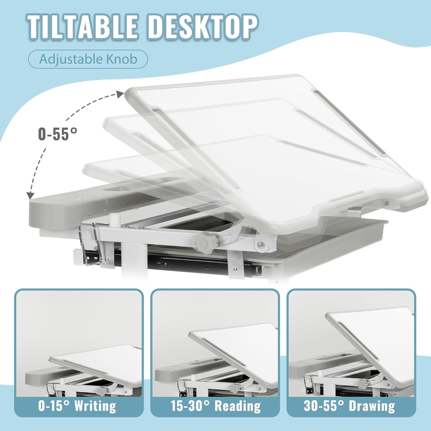 Rengue Kids Desk and Chair Set Height Adjustable School Study Desk and Chair with 55° Tiltable Desktop, 3 Modes &3 Brightness LED Lamps, Storage Drawer and Metal Hook for Boys Girls Gifts (Grey)