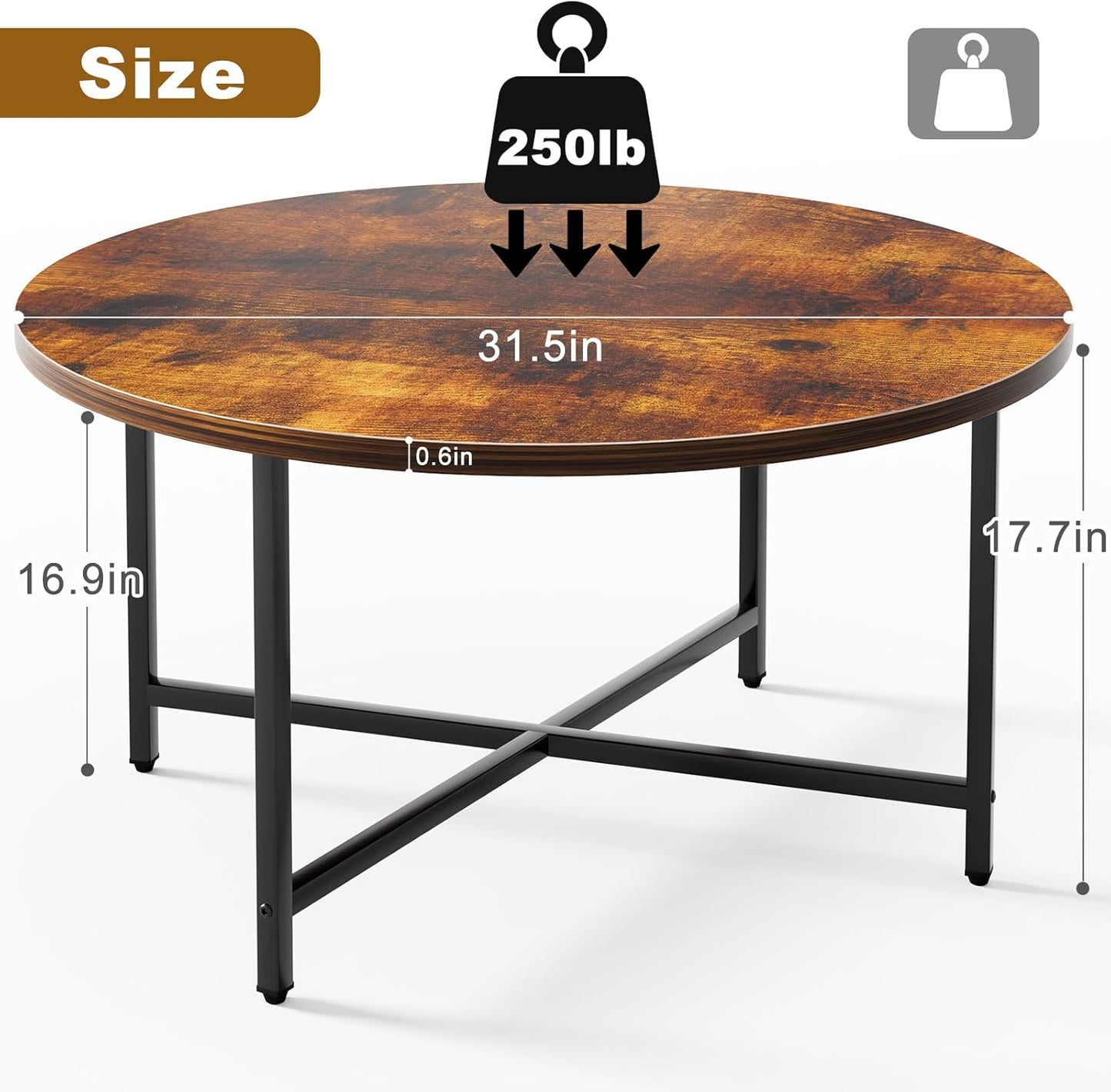 Round Coffee Table, 31.5" Circle Coffee Table，Modern Round Coffee Tables Living Room, Large Coffee Table Round for Indoor & Outdoor Use, Office, Patio or Garden, Rustic Brown (31.5" D*17.7" H)
