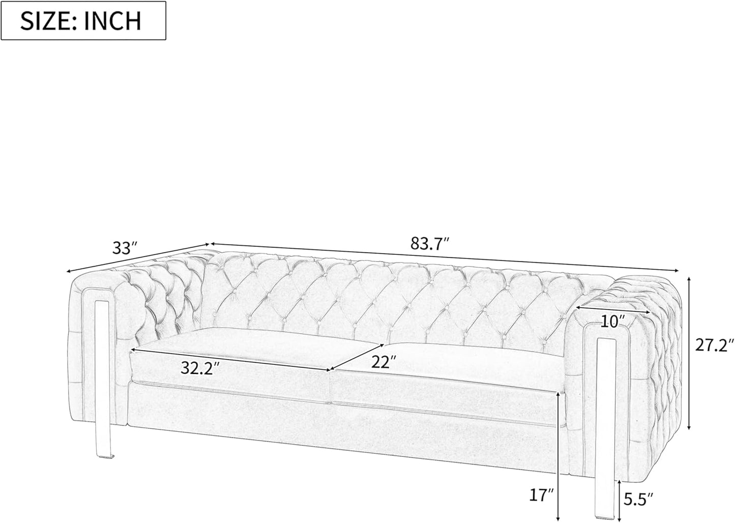 Merax Comfy 3-seat Sofa with Tufted Back and Arm and Gold Iron Legs, Modern Couch for Living Room, Bedroom, Apartment, Office, Green
