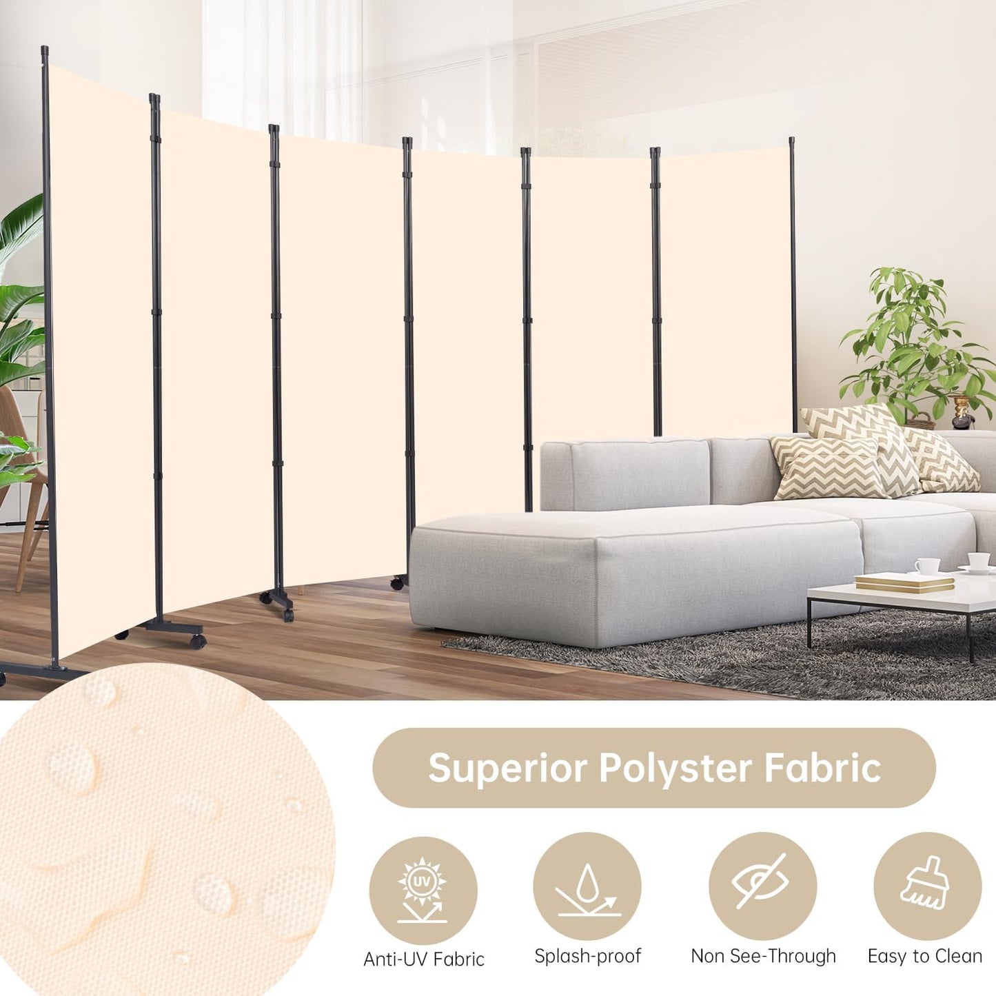 Room Divider 6 Panel Room Dividers/Wheels, Fabric Room Divider Panel for Office Room Partitions and Dividers, Portable Partition Wall Divider for Room Separation, Privacy Screen (Cream, Wheel-132'')