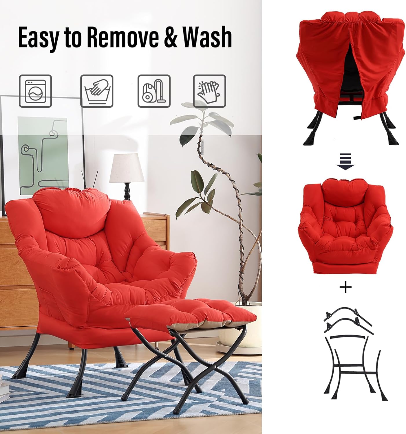 Modern Lazy Chair with Folding Footrest, Lounge Accent & Comfortable Reading Chair (Red)