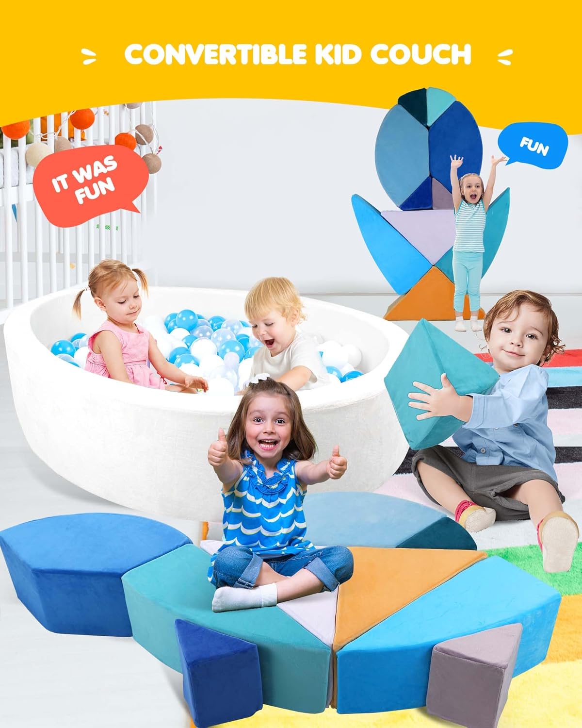 Kids Play Couch, 2-in-1 Egg-Shape Kid Plays Sofa with Unique Ball Pit(no Balls Included), Tangram Puzzle Play Couch for Playroom, Modular Play Couchs for Inspiring Creativity, Ocean