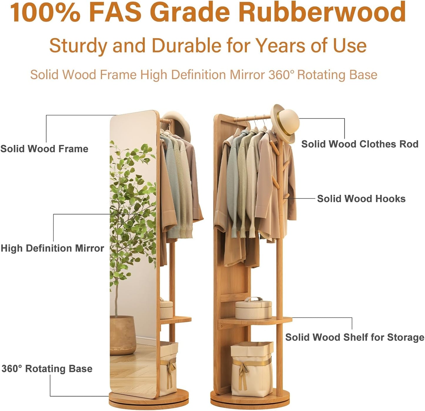 70"x16"Full Length Mirror with Stand,Coat Rack with Mirror,Solid Wood Floor Mirror,Swivel Mirrorfor Bedroom, Living Room, Cloakroom