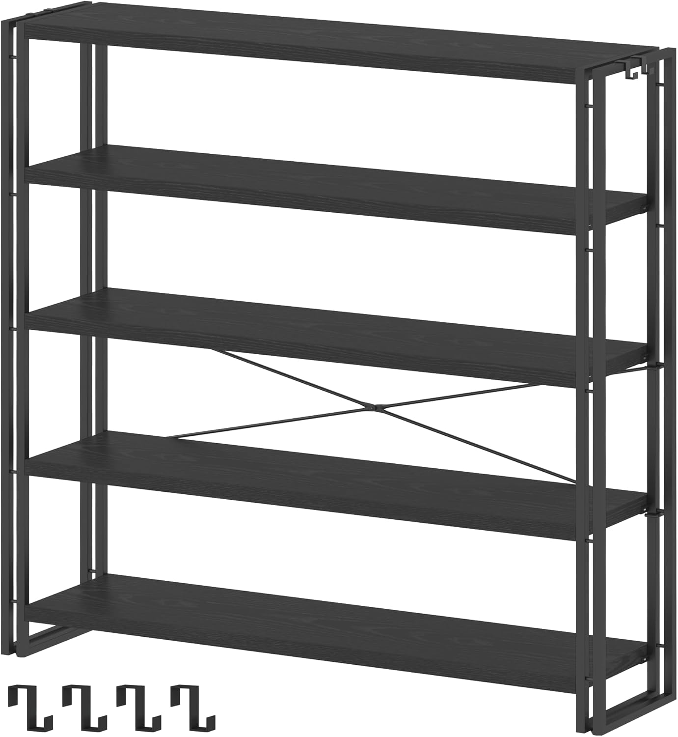 HCHQHS Bookshelf, 5-Tier Industrial Bookcase, Black Open Book Shelf, Freestanding Tall Bookshelves with Metal Frame