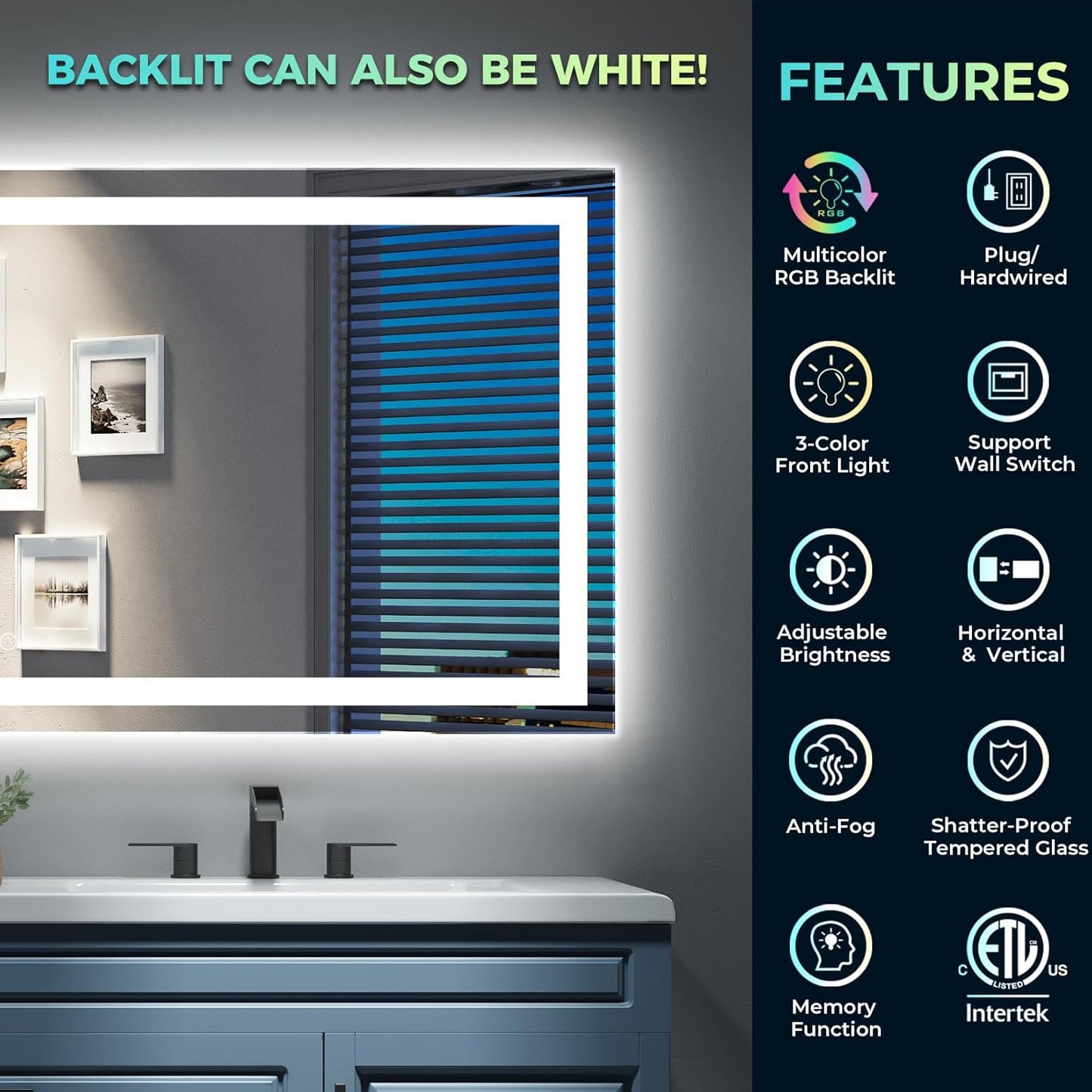 66x40 Inch RGB LED Bathroom Mirror Front Light and RGB Backlit Lighted Vanity Mirror for Bathroom Wall Mounted Dimmable Anti Fog Memory Shatter-Proof IP54 Waterproof Horizontal/Vertical