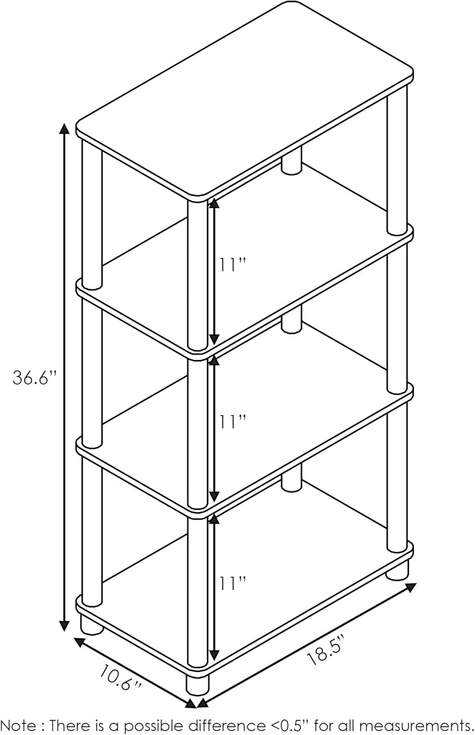 Furinno Turn-N-Tube No Tool 4-Tier Storage Shelf, Narrow, French Oak Grey/Black