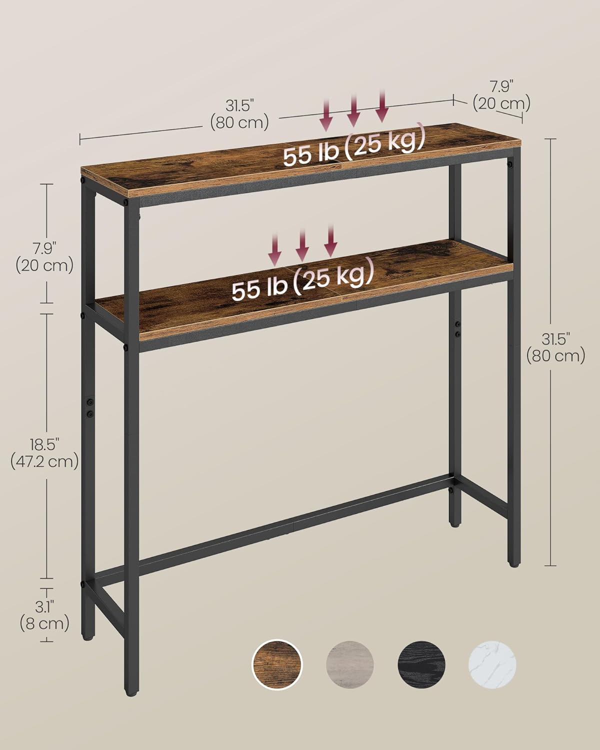 VASAGLE Console Table, 2-Tier Narrow Sofa Table with 2 Shelves, 7.9 x 31.5 x 31.5 Inches, for Living Room, Hallway, Entryway, Rustic Brown and Ink Black ULNT130K01V1
